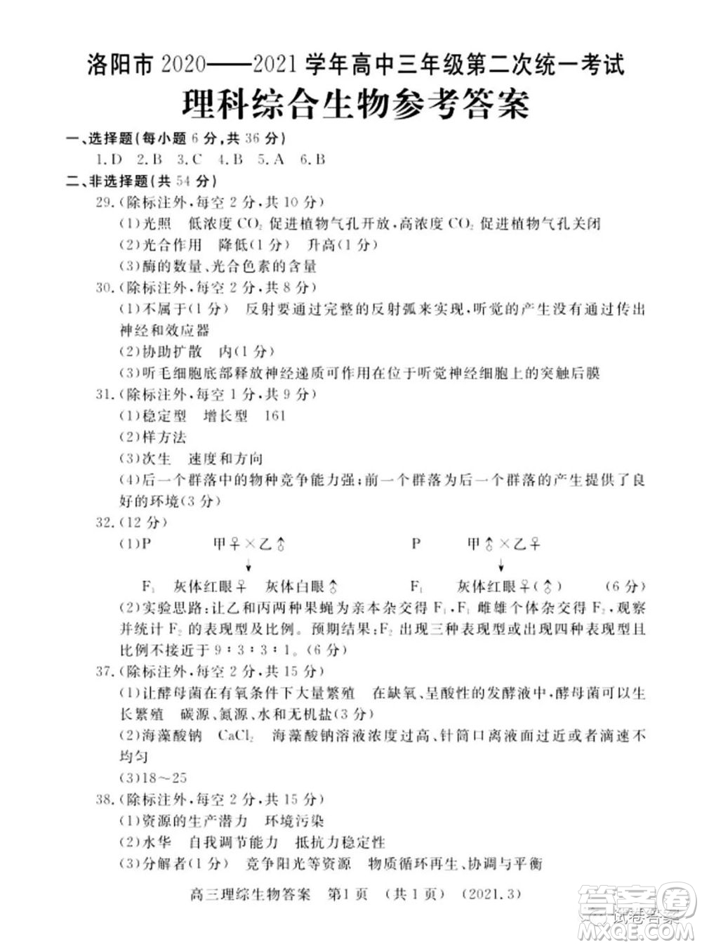 洛陽市2020-2021學(xué)年高中三年級第二次統(tǒng)一考試?yán)砜凭C合試題及答案