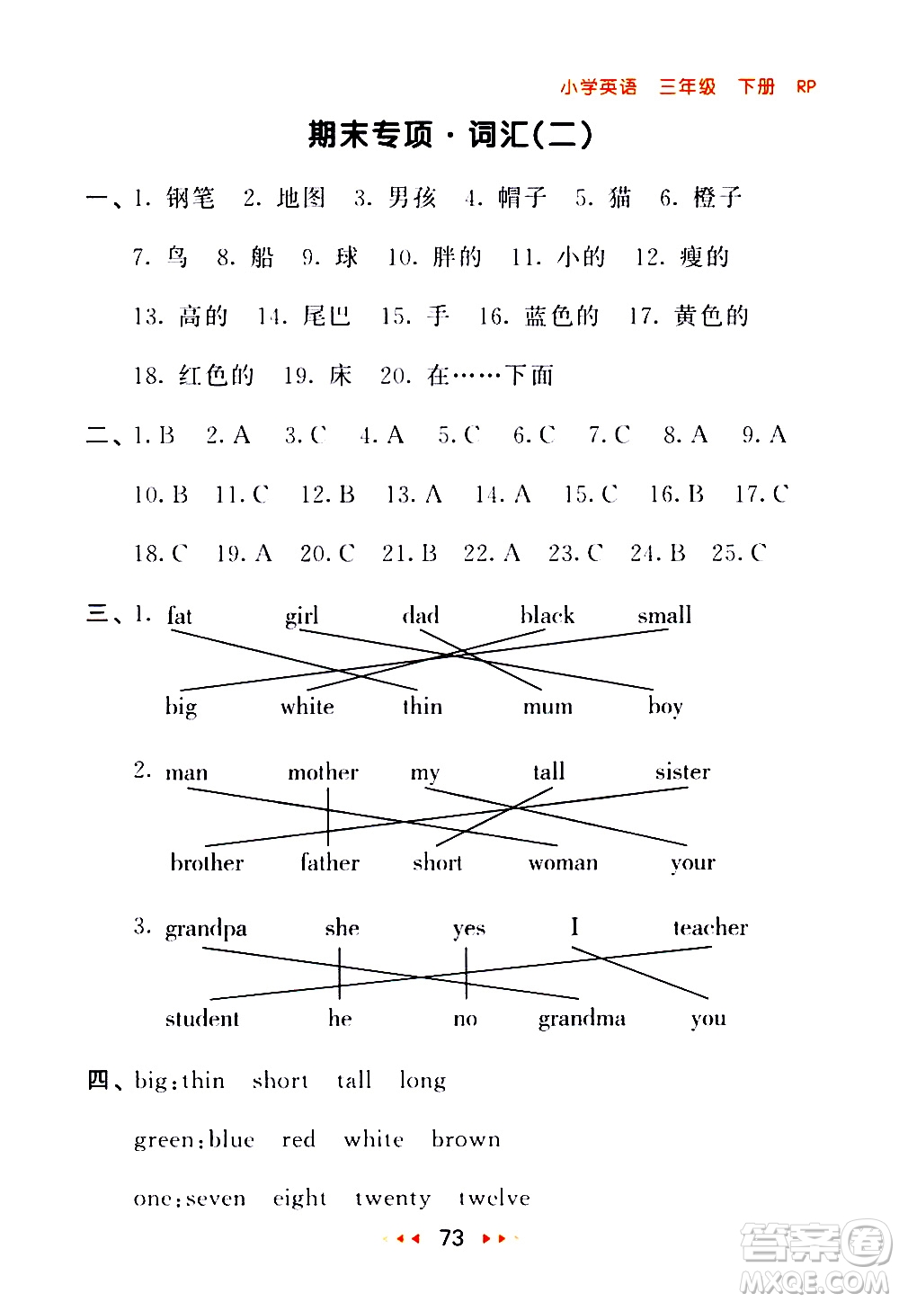 教育科學(xué)出版社2021春季53隨堂測(cè)小學(xué)英語(yǔ)三年級(jí)下冊(cè)RP人教版答案