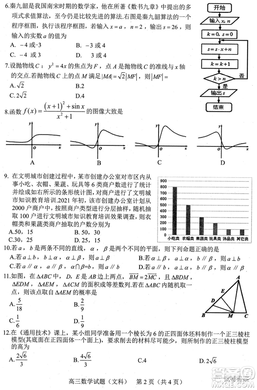 合肥市2021年高三第二次教學(xué)質(zhì)量檢測(cè)文科數(shù)學(xué)試題及答案