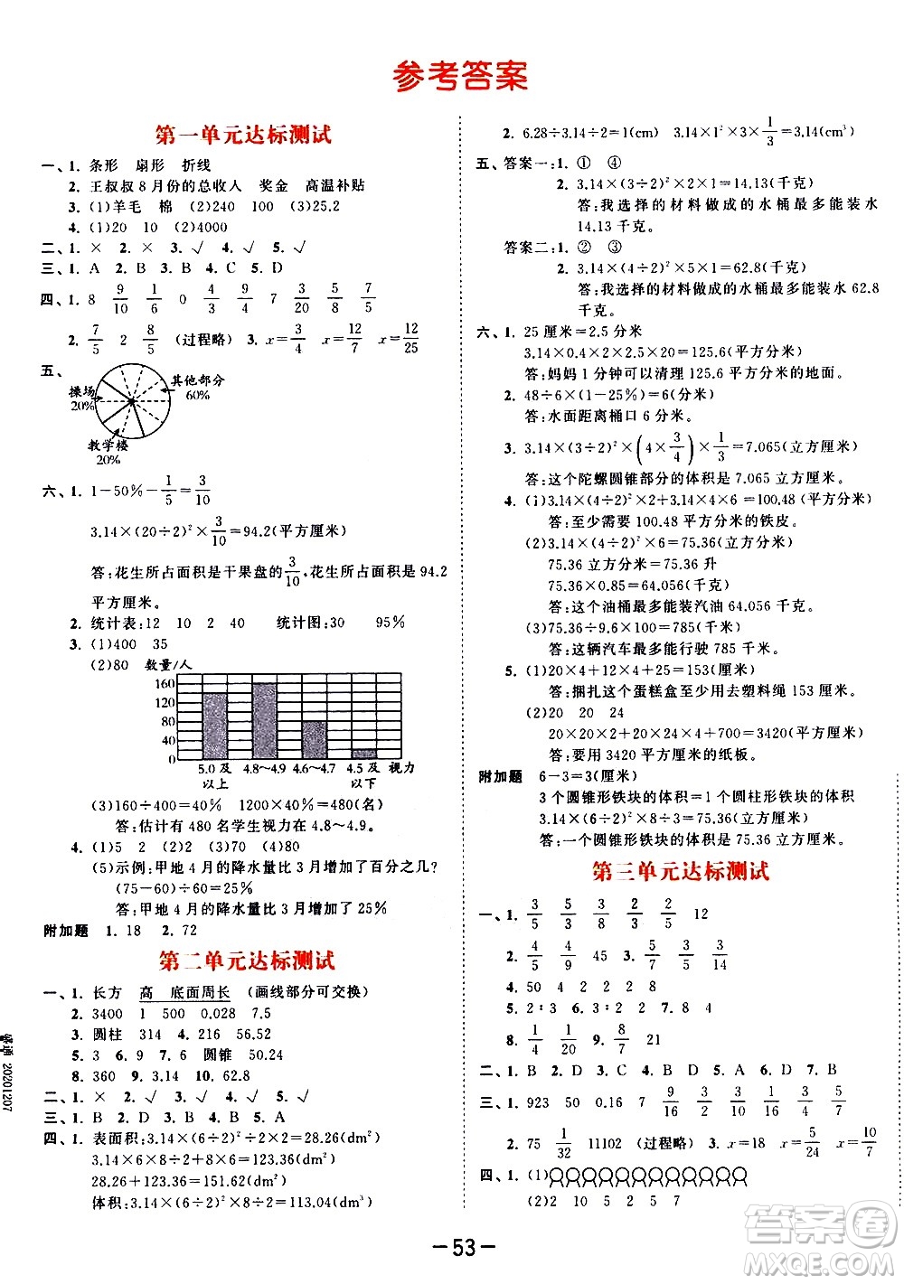 教育科學(xué)出版社2021春季53天天練測(cè)評(píng)卷小學(xué)數(shù)學(xué)六年級(jí)下冊(cè)SJ蘇教版答案