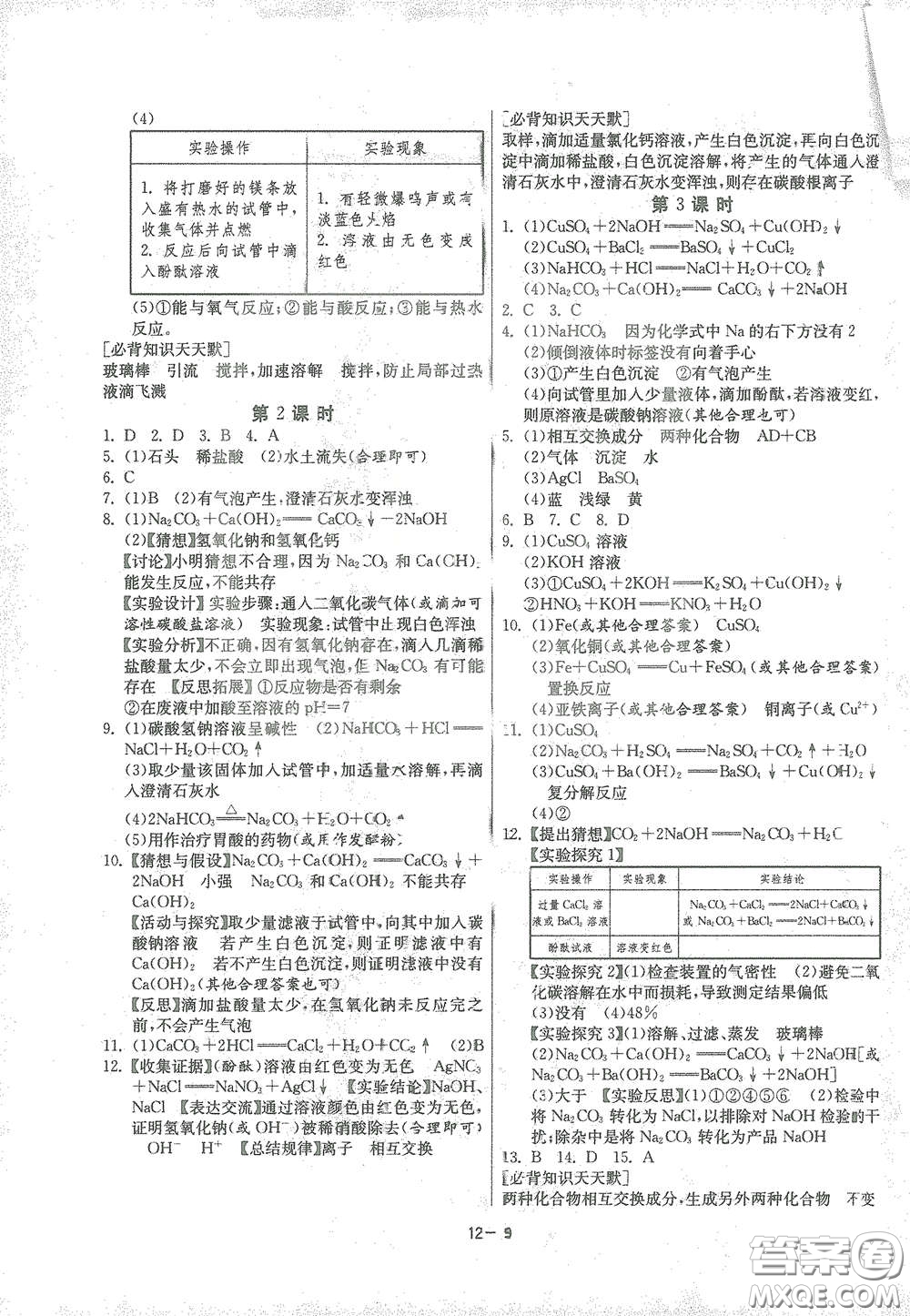 江蘇人民出版社2021春雨教育課時(shí)訓(xùn)練九年級化學(xué)下冊人民教育版答案