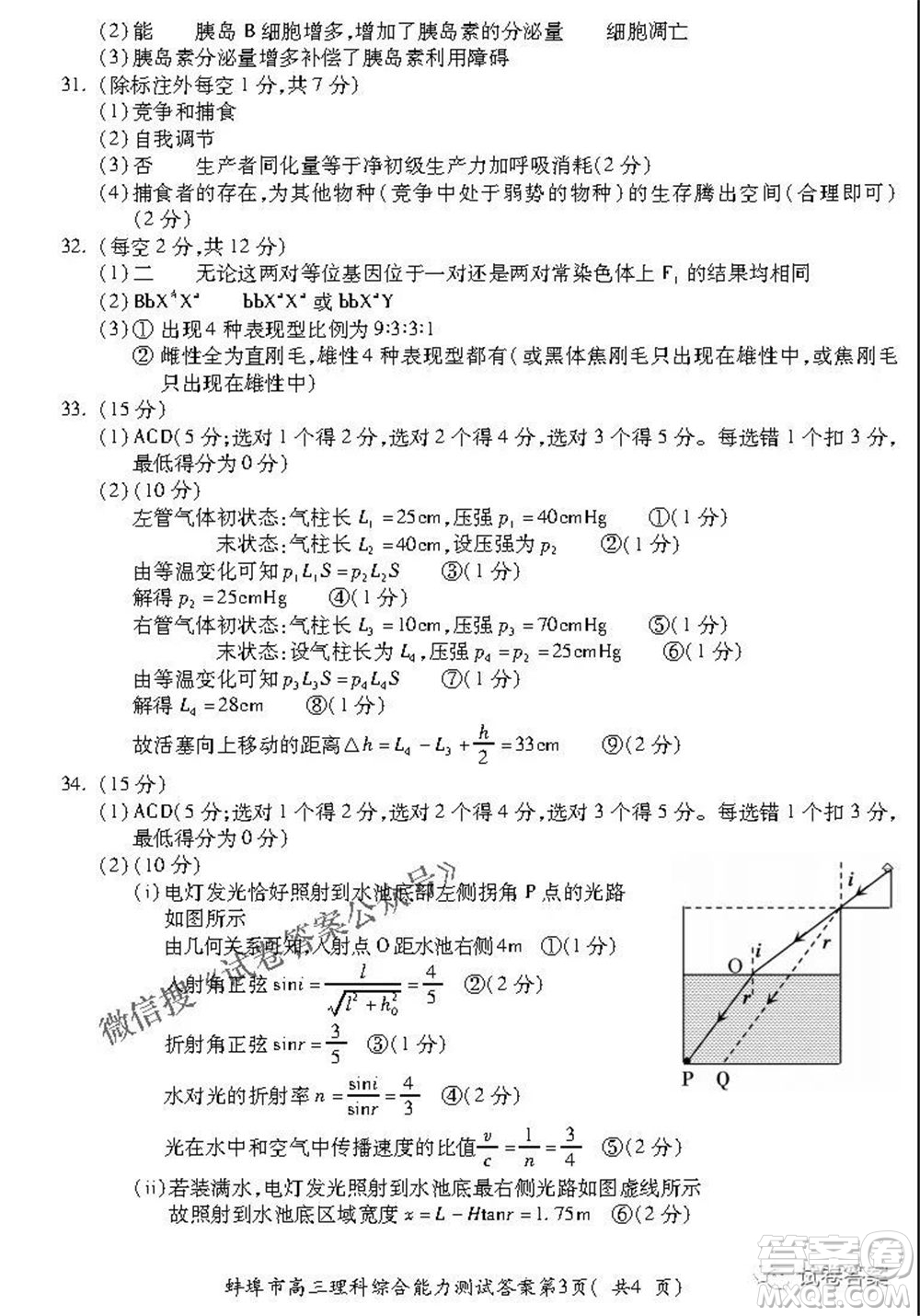 蚌埠市2021屆高三年級(jí)第三次教學(xué)質(zhì)量檢查考試?yán)砜凭C合試題及答案