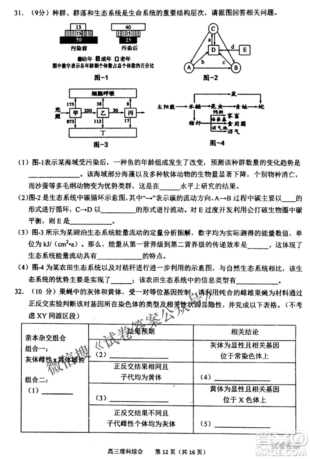 2021年池州市普通高中高三教學(xué)質(zhì)量統(tǒng)一監(jiān)測理科綜合試題及答案