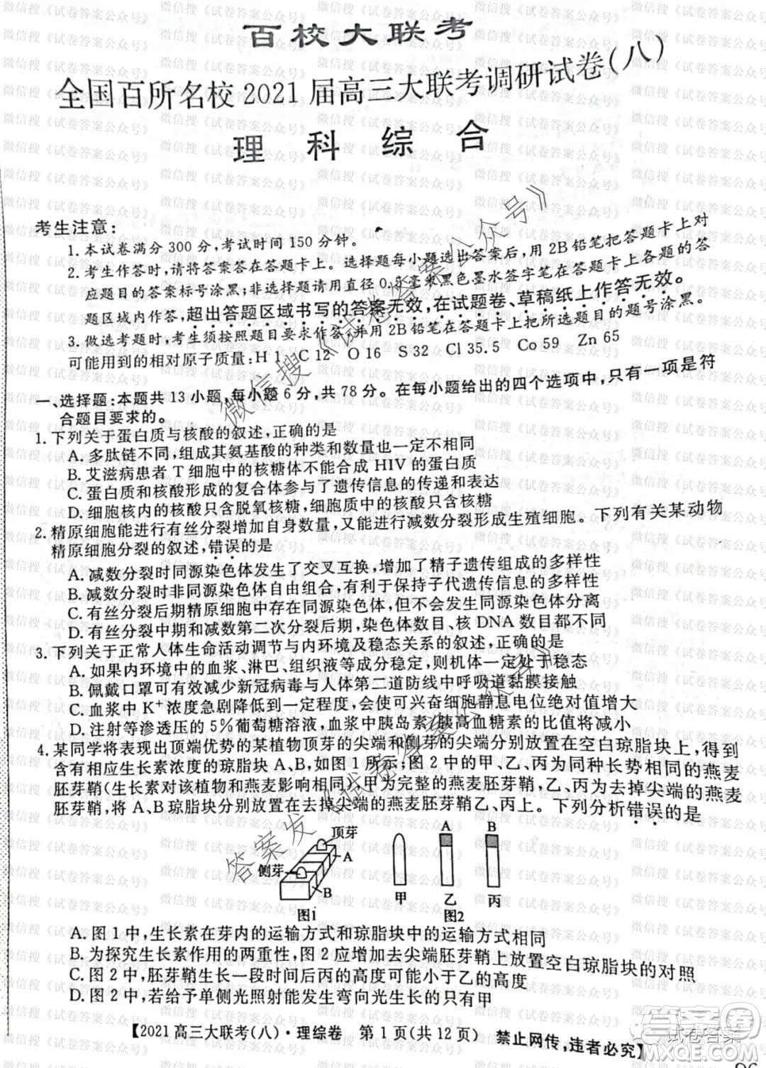 百校大聯(lián)考全國百所名校2021屆高三大聯(lián)考調(diào)研試卷八理科綜合試題及答案