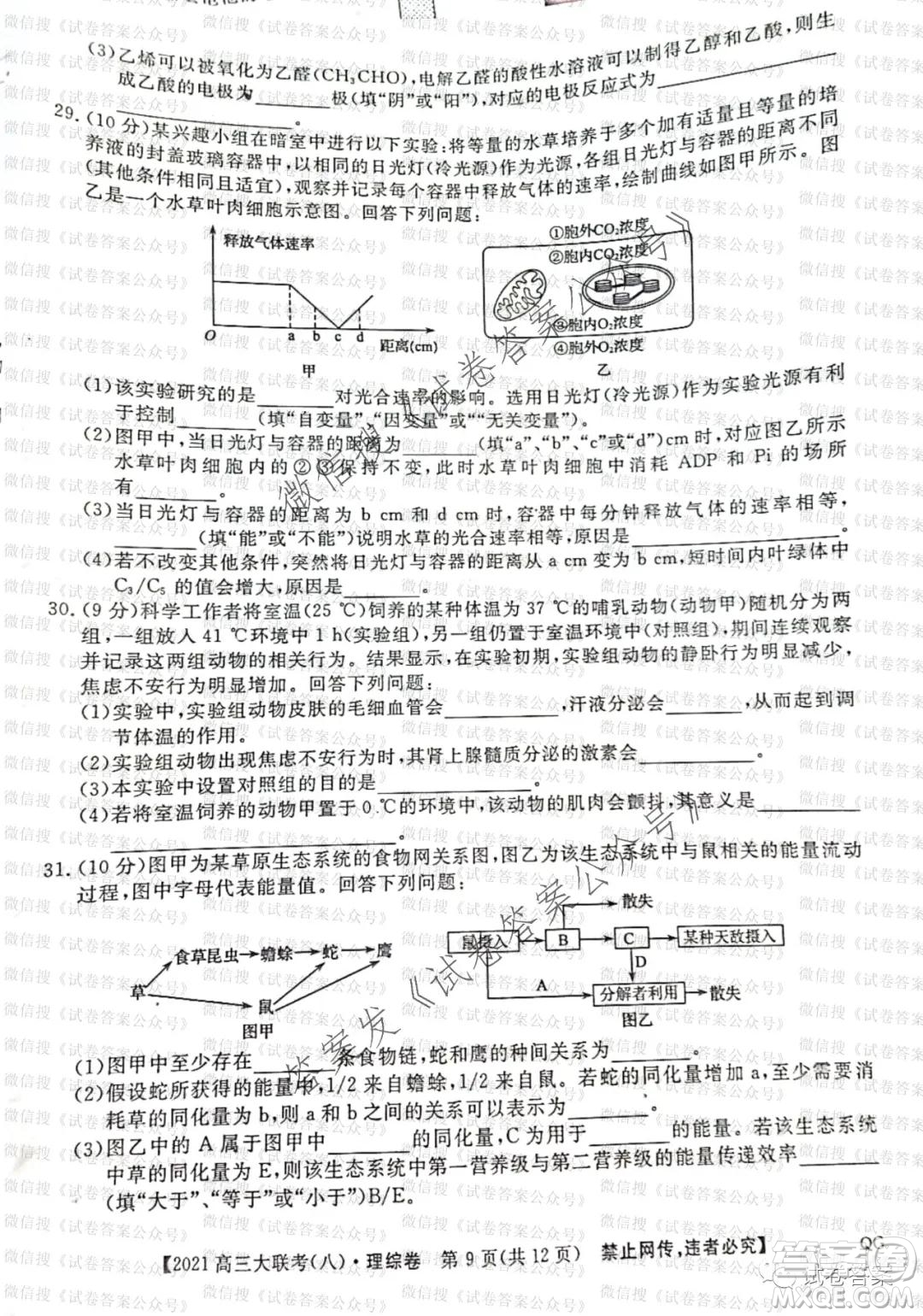 百校大聯(lián)考全國百所名校2021屆高三大聯(lián)考調(diào)研試卷八理科綜合試題及答案