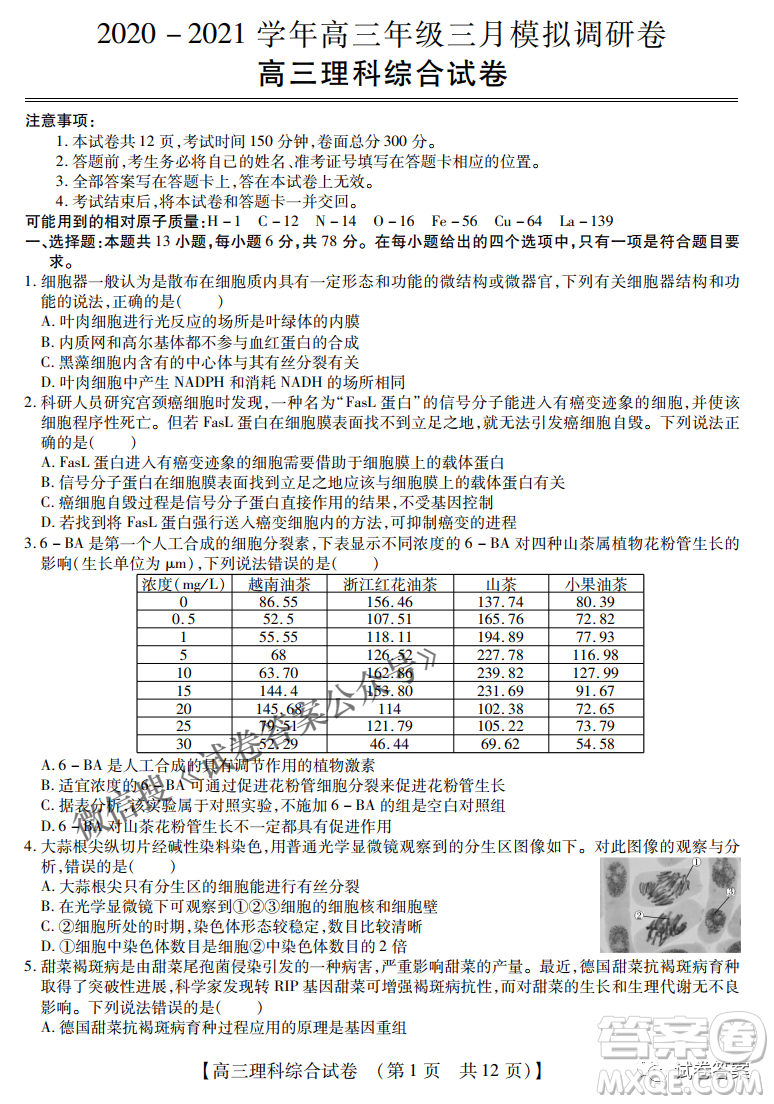 內(nèi)蒙古2021高三年級三月模擬調(diào)研卷理科綜合試題及答案