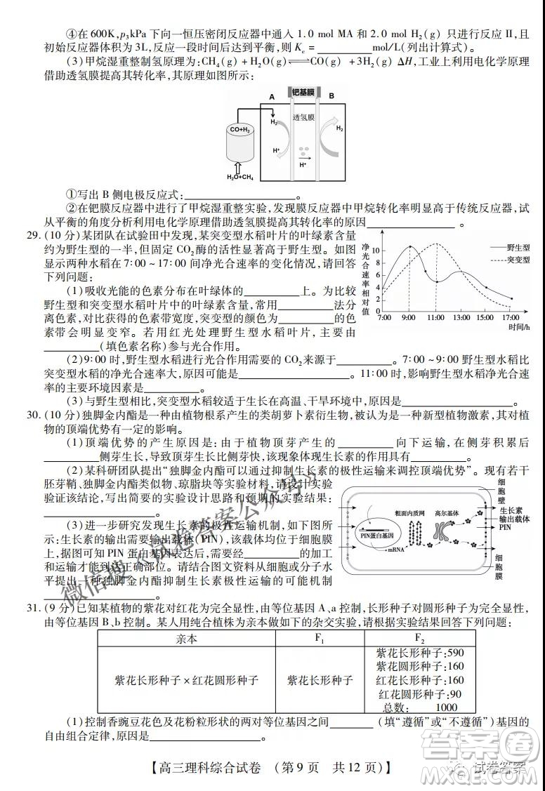 內(nèi)蒙古2021高三年級三月模擬調(diào)研卷理科綜合試題及答案