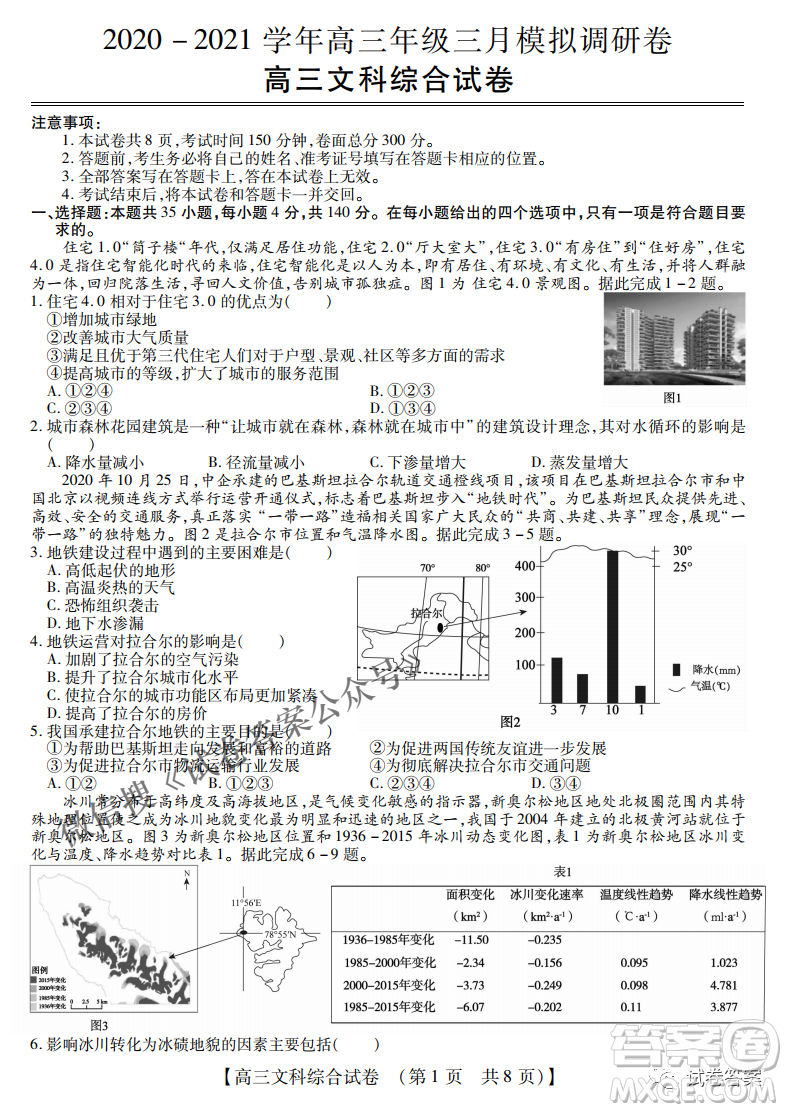 內(nèi)蒙古2021高三年級(jí)三月模擬調(diào)研卷文科綜合試題及答案