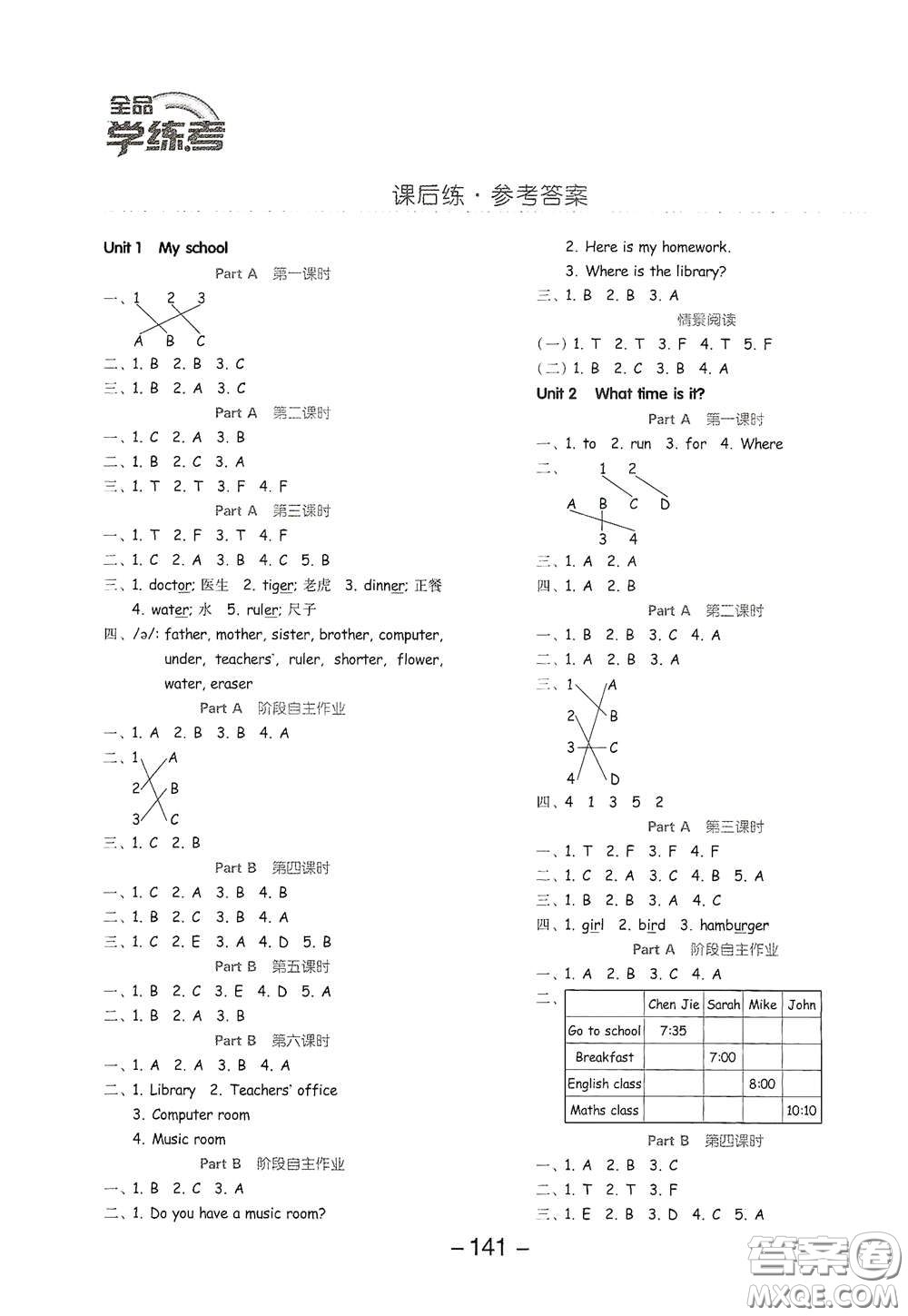 開(kāi)明出版社2021全品學(xué)練考四年級(jí)英語(yǔ)下冊(cè)人教版PEP三年級(jí)起點(diǎn)答案