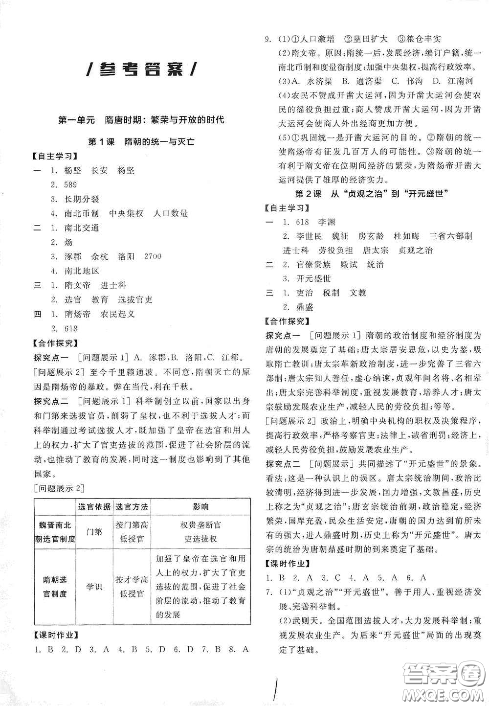 陽(yáng)光出版社2021春全品學(xué)練考七年級(jí)中國(guó)歷史下冊(cè)新課標(biāo)人教版江西省專用答案