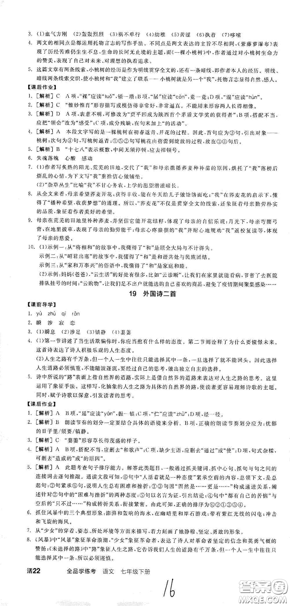 陽光出版社2021春全品學練考七年級語文下冊新課標人教版江西省專用答案