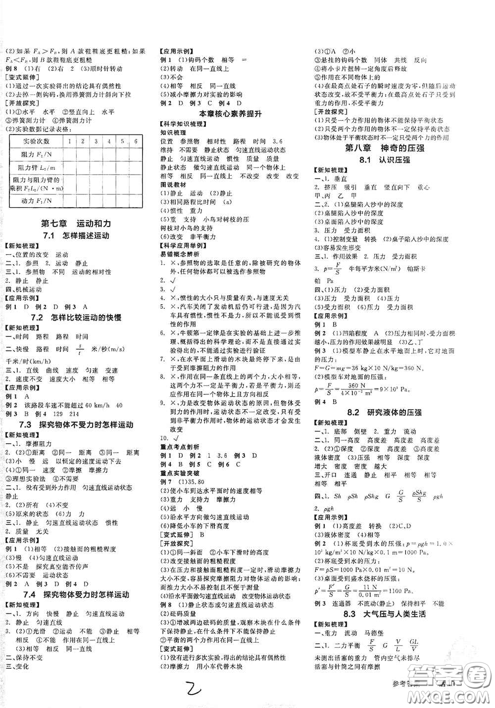 陽光出版社2021春全品學(xué)練考學(xué)習(xí)手冊八年級物理下冊新課標(biāo)滬粵版江西省專用答案