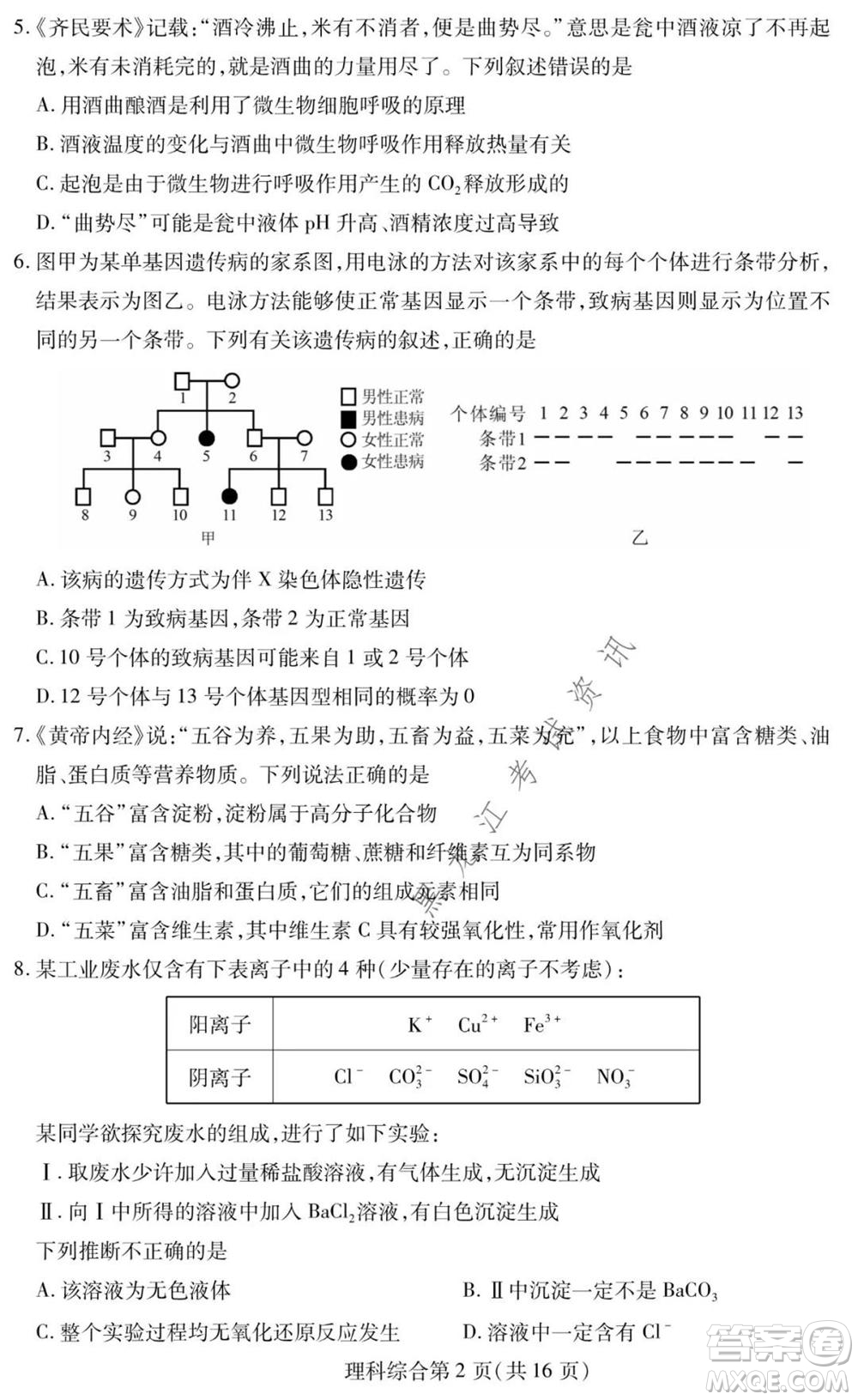 2021年?yáng)|北三省四市教研聯(lián)合體高考模擬試卷二理科綜合試題及答案