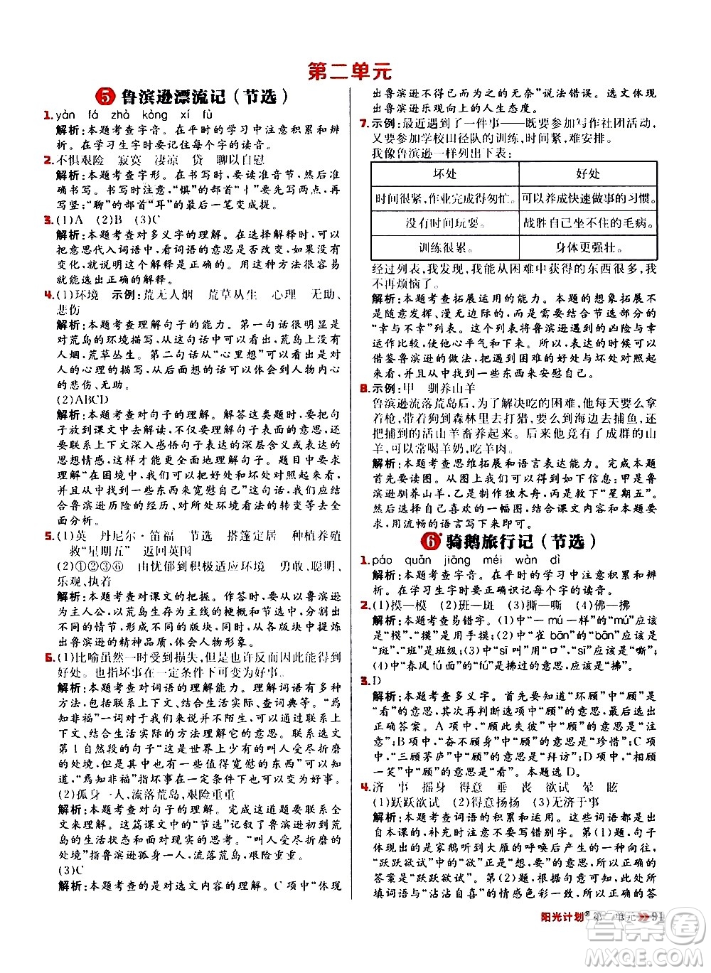 延邊大學(xué)出版社2021春陽(yáng)光計(jì)劃小學(xué)同步語(yǔ)文六年級(jí)下冊(cè)RJ人教版答案