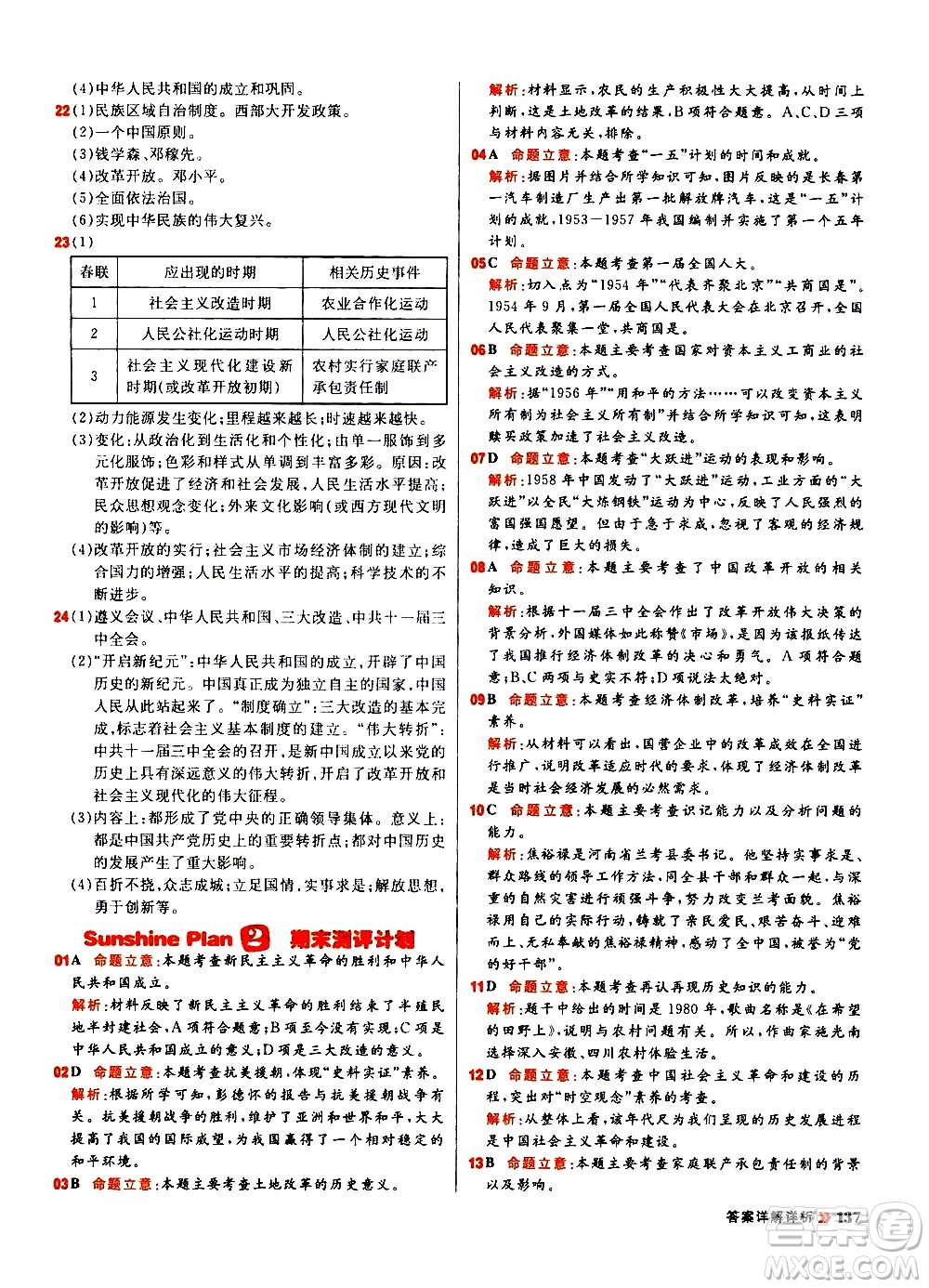 黑龍江教育出版社2021春陽光計(jì)劃初中同步歷史八年級下冊人教版答案