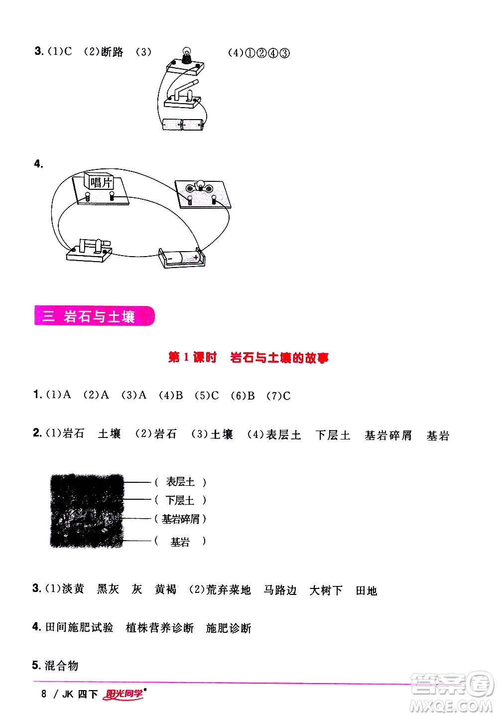 江西教育出版社2021陽光同學課時優(yōu)化作業(yè)科學四年級下冊JK教科版答案