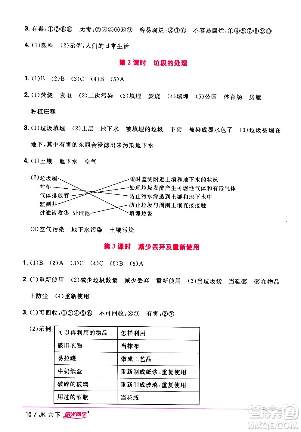 江西教育出版社2021陽光同學課時優(yōu)化作業(yè)科學六年級下冊JK教科版答案