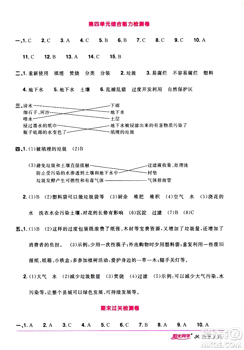 江西教育出版社2021陽光同學課時優(yōu)化作業(yè)科學六年級下冊JK教科版答案