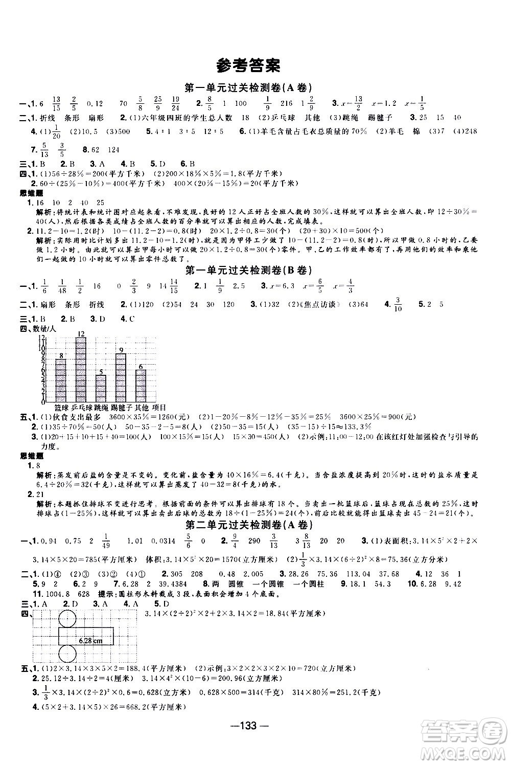 江西教育出版社2021陽光同學(xué)一線名師全優(yōu)好卷數(shù)學(xué)六年級下冊SJ蘇教版答案