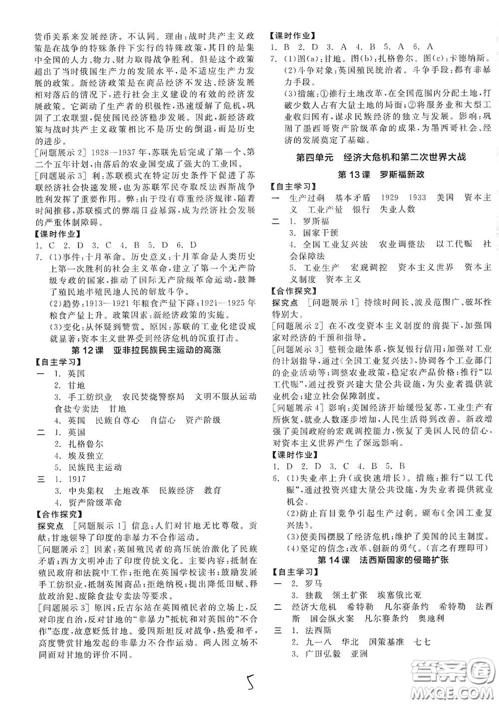 陽光出版社2021全品學(xué)練考九年級世界歷史下冊新課標(biāo)人教版江西專版答案