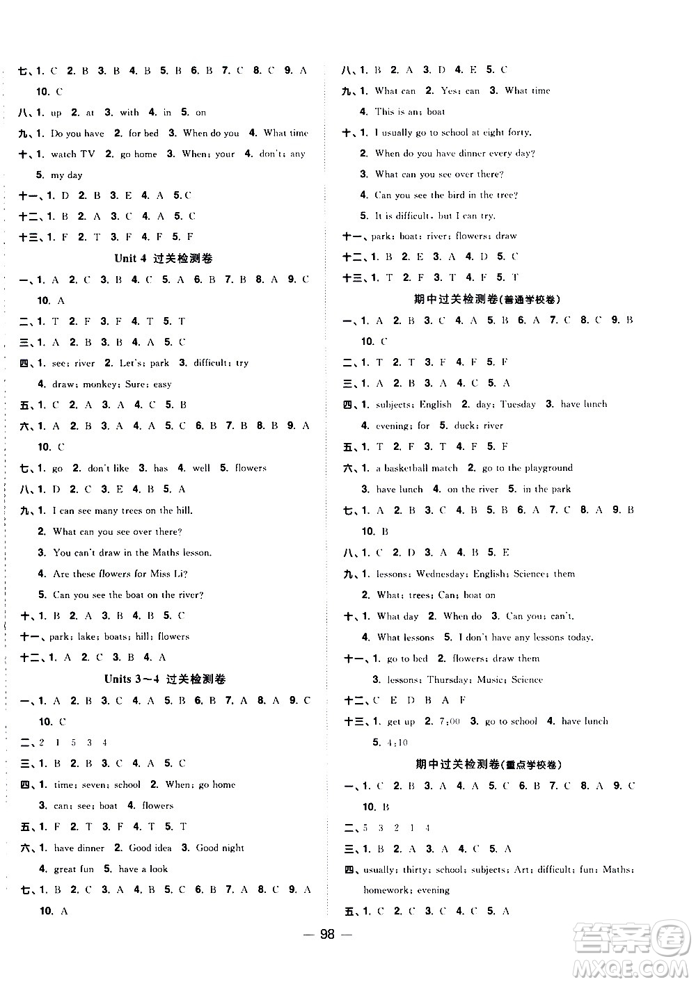 江西教育出版社2021陽光同學一線名師全優(yōu)好卷英語四年級下冊YL譯林版答案