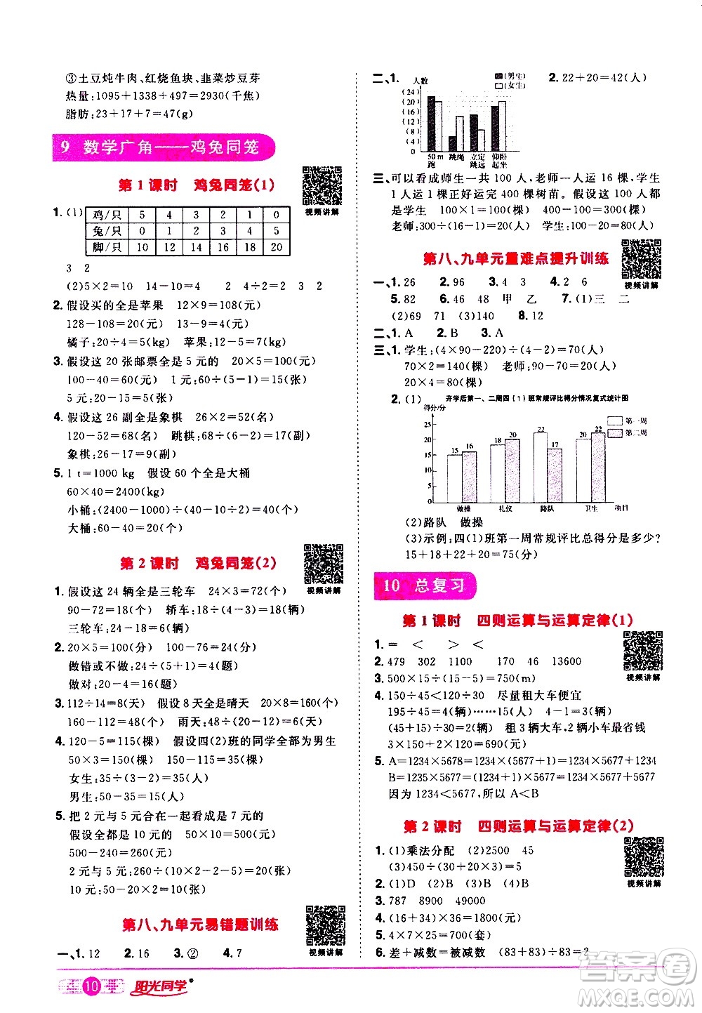 浙江教育出版社2021陽光同學(xué)課時達(dá)標(biāo)訓(xùn)練數(shù)學(xué)四年級下冊R人教版浙江專版答案