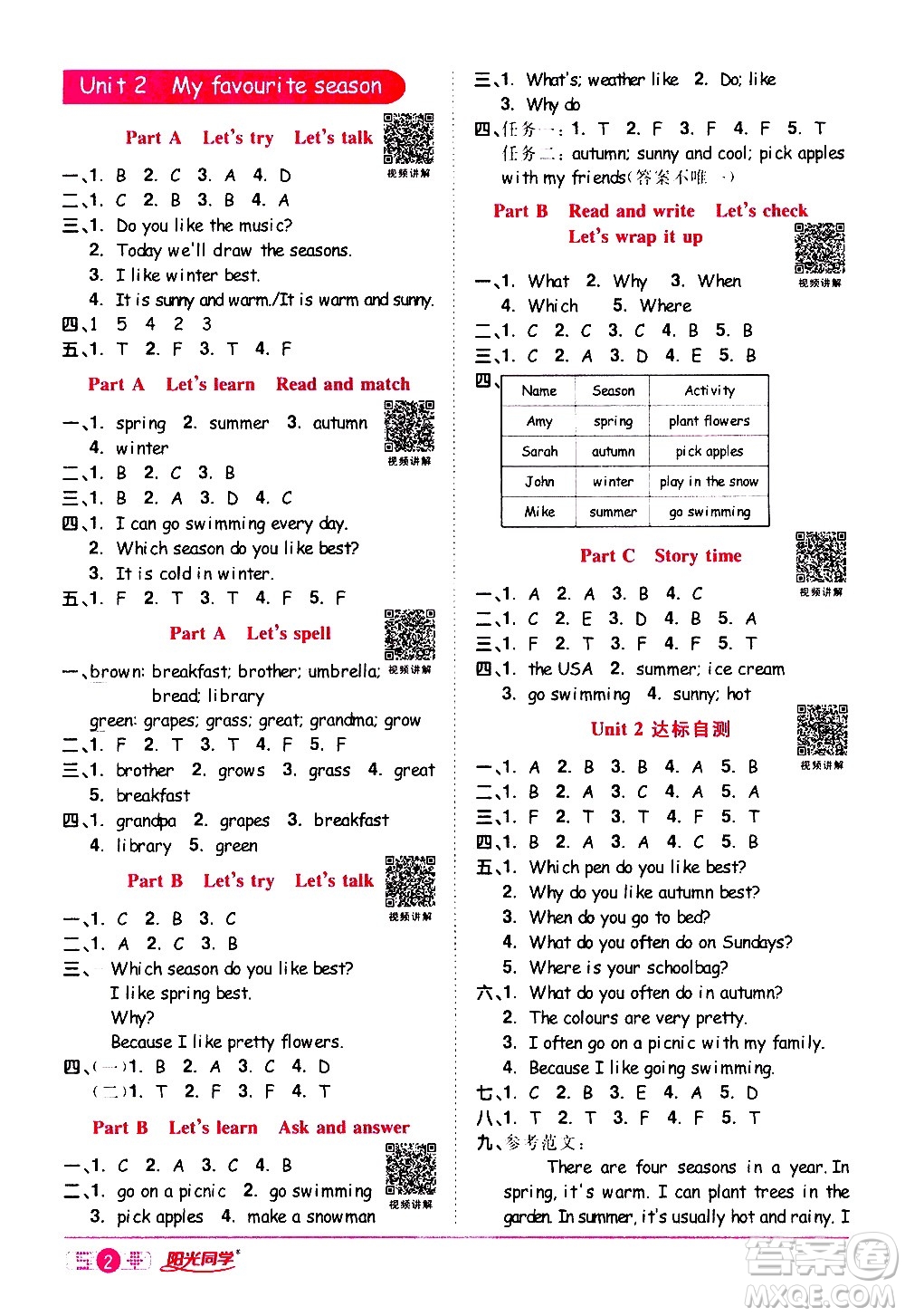 浙江教育出版社2021陽(yáng)光同學(xué)課時(shí)達(dá)標(biāo)訓(xùn)練英語(yǔ)五年級(jí)下冊(cè)PEP人教版浙江專版答案