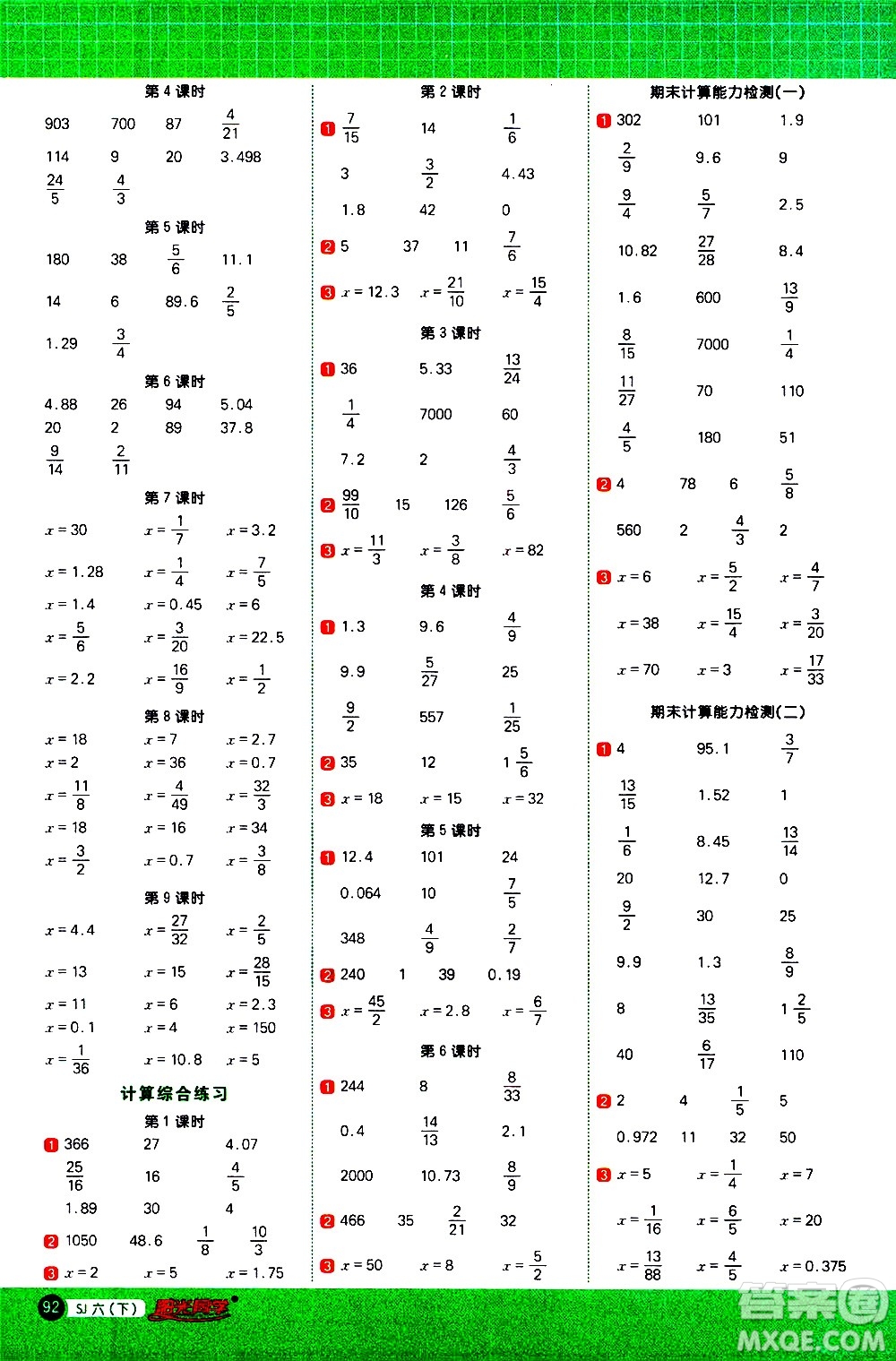 江西教育出版社2021陽光同學(xué)計算小達(dá)人數(shù)學(xué)六年級下冊SJ蘇教版答案