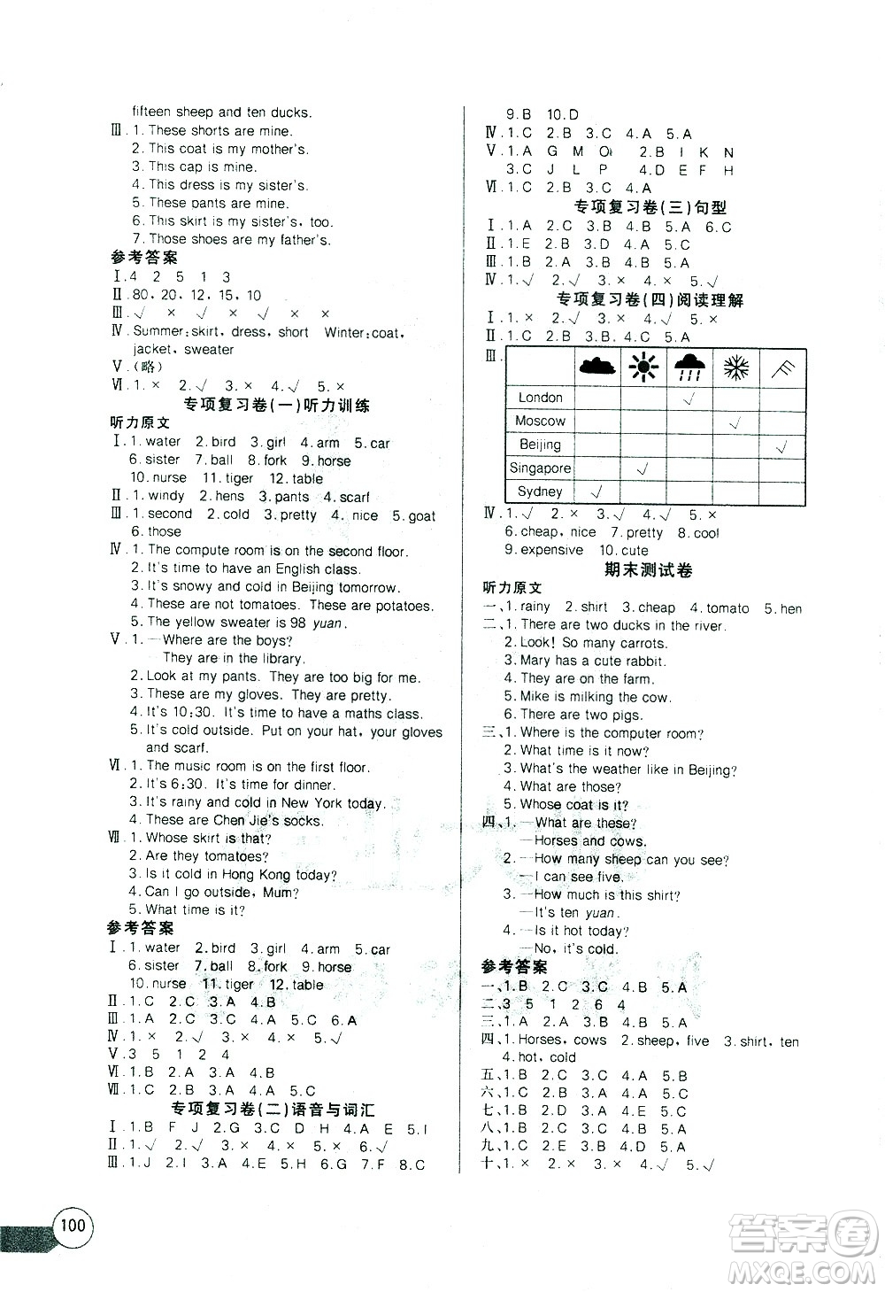 湖北少年兒童出版社2021長(zhǎng)江全能學(xué)案同步練習(xí)冊(cè)英語(yǔ)四年級(jí)下冊(cè)人教版答案