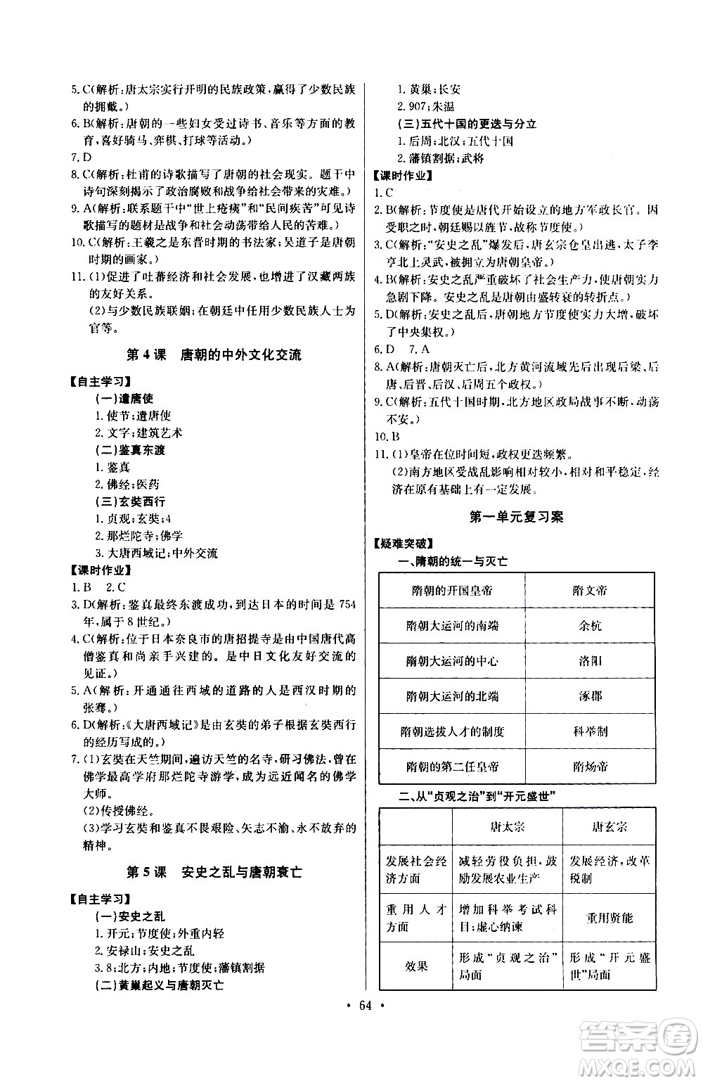 崇文書局2021長江全能學(xué)案同步練習(xí)冊歷史七年級(jí)下冊人教版答案