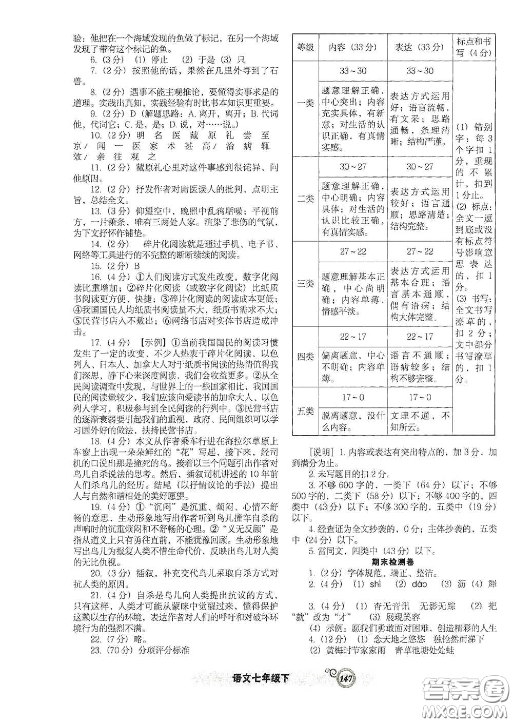 遼寧教育出版社2021尖子生新課堂課時(shí)作業(yè)七年級語文下冊人教版答案