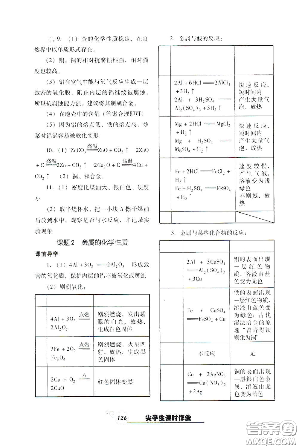 遼寧教育出版社2021尖子生新課堂課時作業(yè)九年級化學(xué)下冊人教版答案