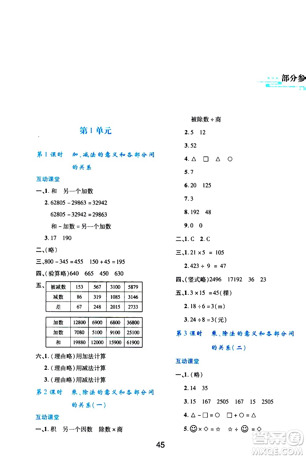 陜西人民教育出版社2021新課程學(xué)習(xí)與評(píng)價(jià)四年級(jí)數(shù)學(xué)下A人教版答案