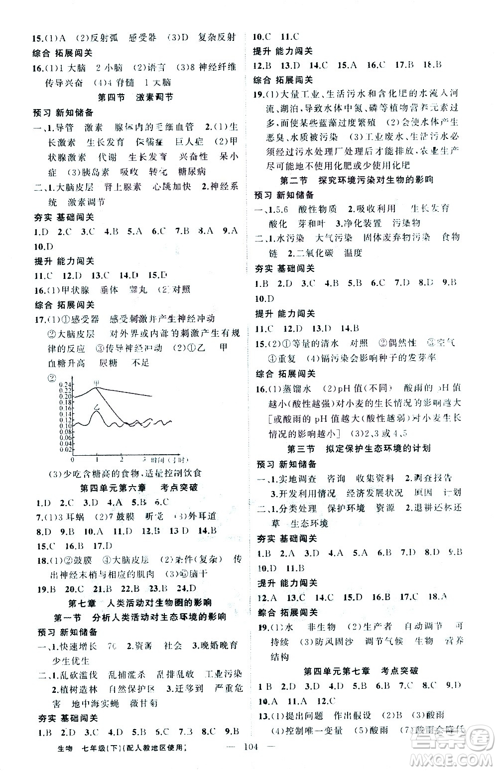 新疆青少年出版社2021黃岡100分闖關(guān)生物七年級下人教版答案