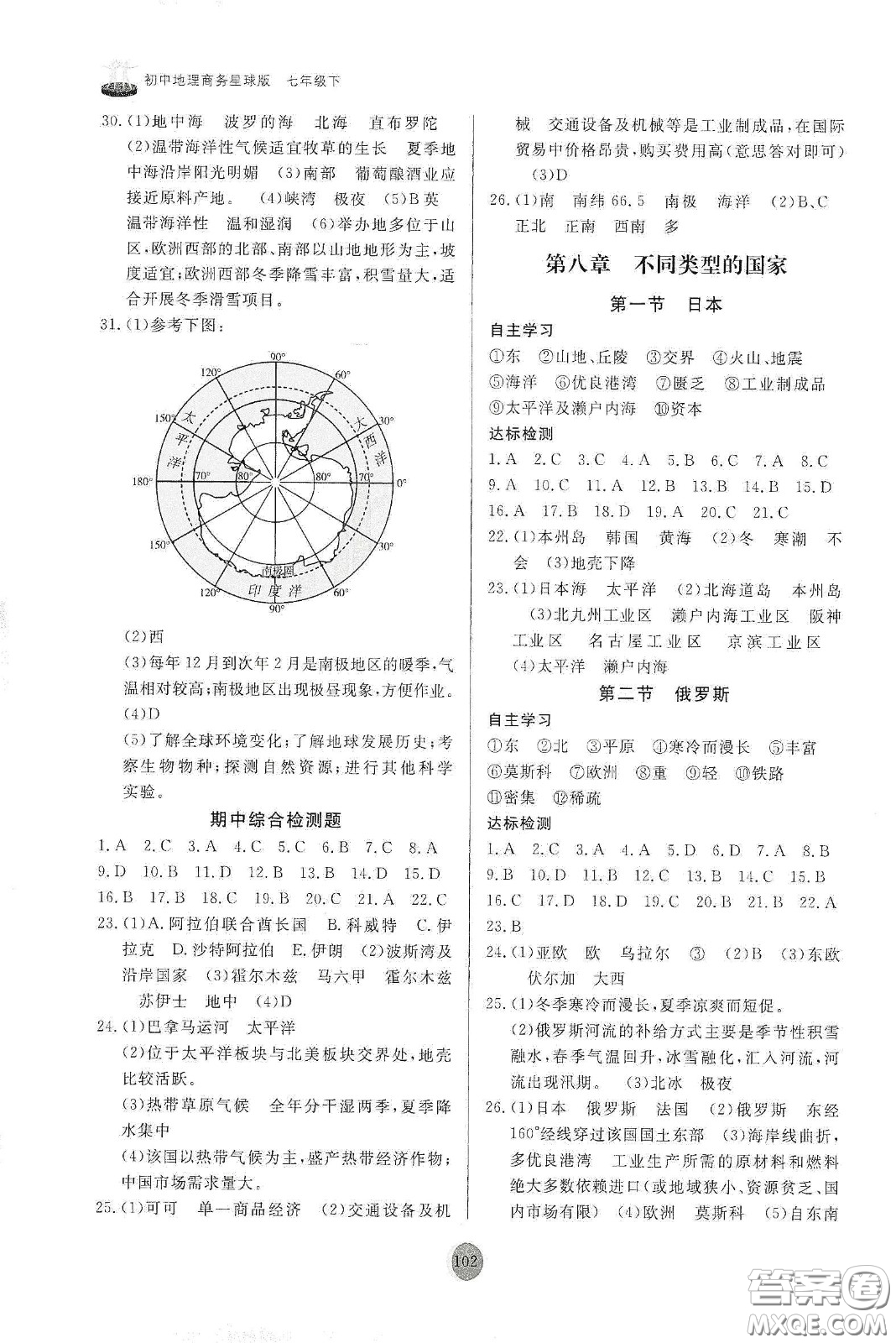 山東友誼出版社2021初中同步練習(xí)冊(cè)七年級(jí)地理下冊(cè)商務(wù)星球版答案