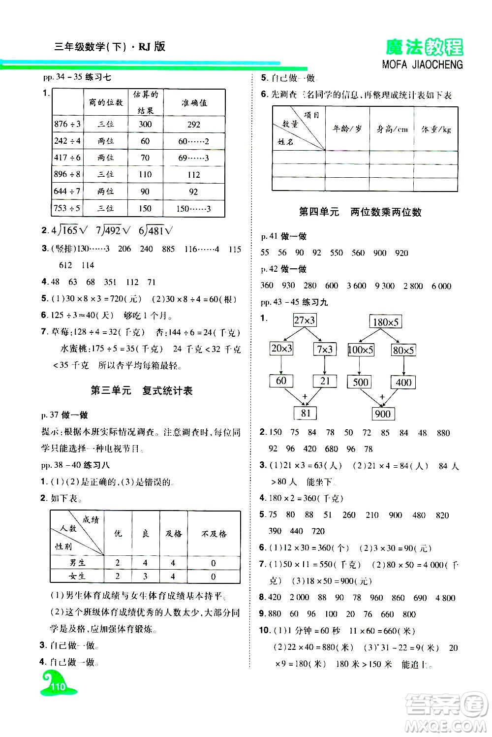 江西美術出版社2021魔法教程數(shù)學三年級下冊精解版RJ人教版答案