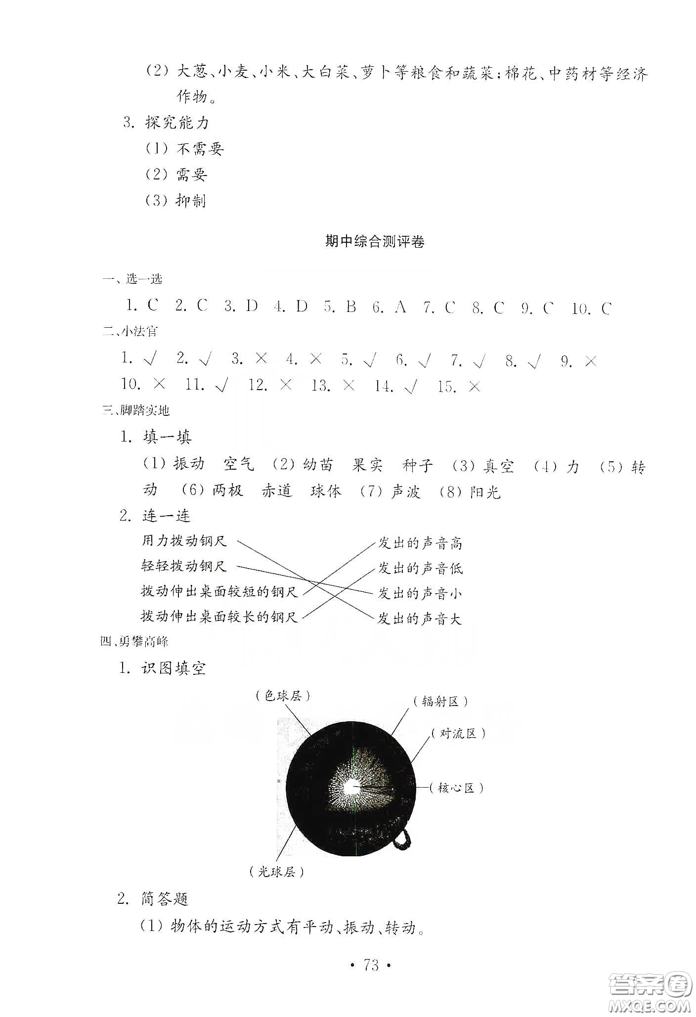 山東教育出版社2021小學(xué)科學(xué)試卷金鑰匙四年級(jí)下冊(cè)答案