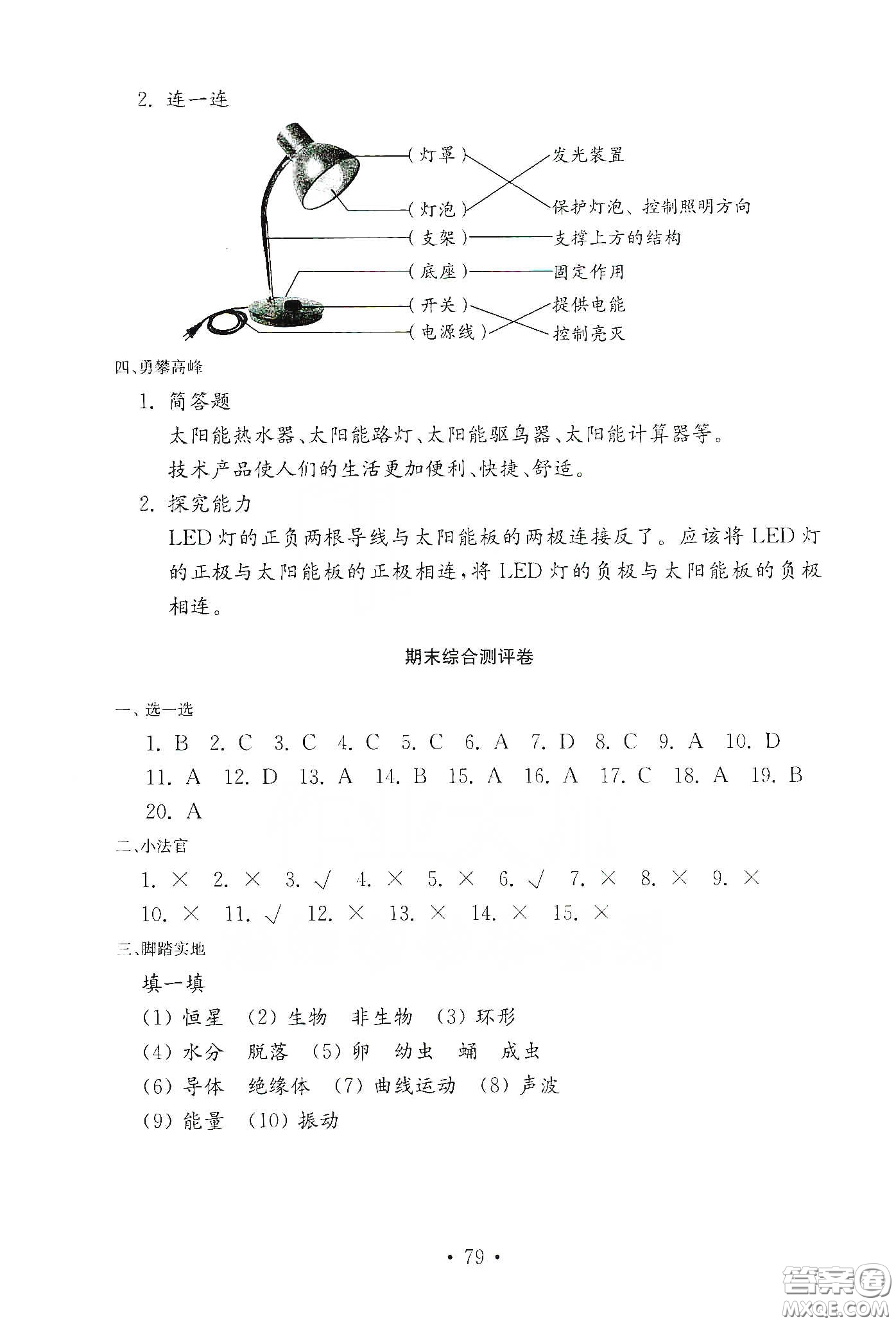 山東教育出版社2021小學(xué)科學(xué)試卷金鑰匙四年級(jí)下冊(cè)答案