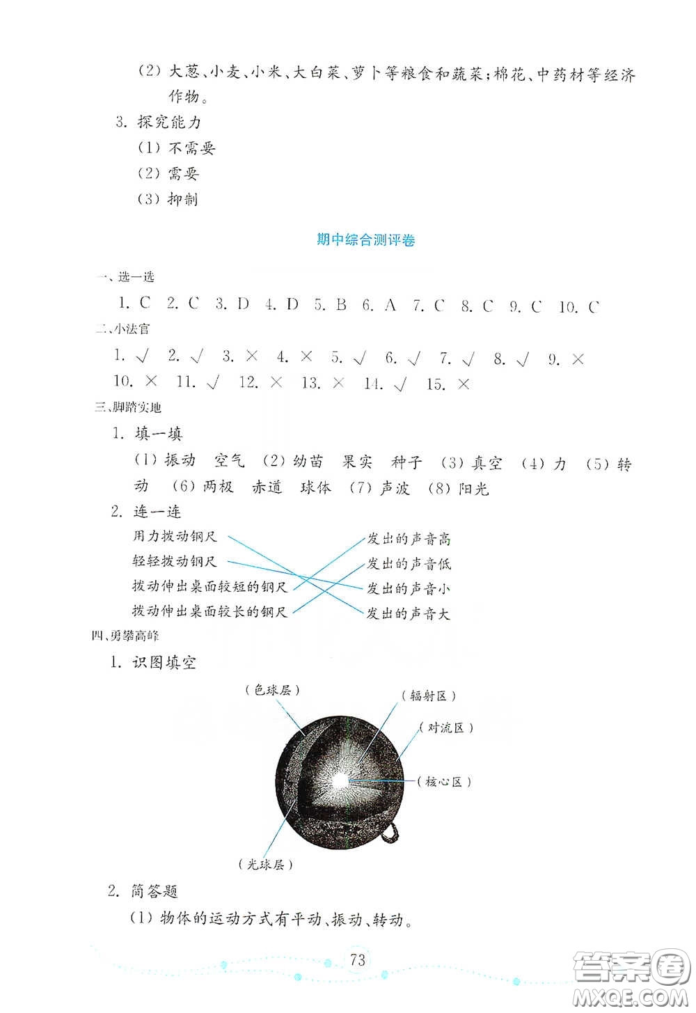 山東教育出版社2021金版小學科學試卷金鑰匙四年級下冊答案