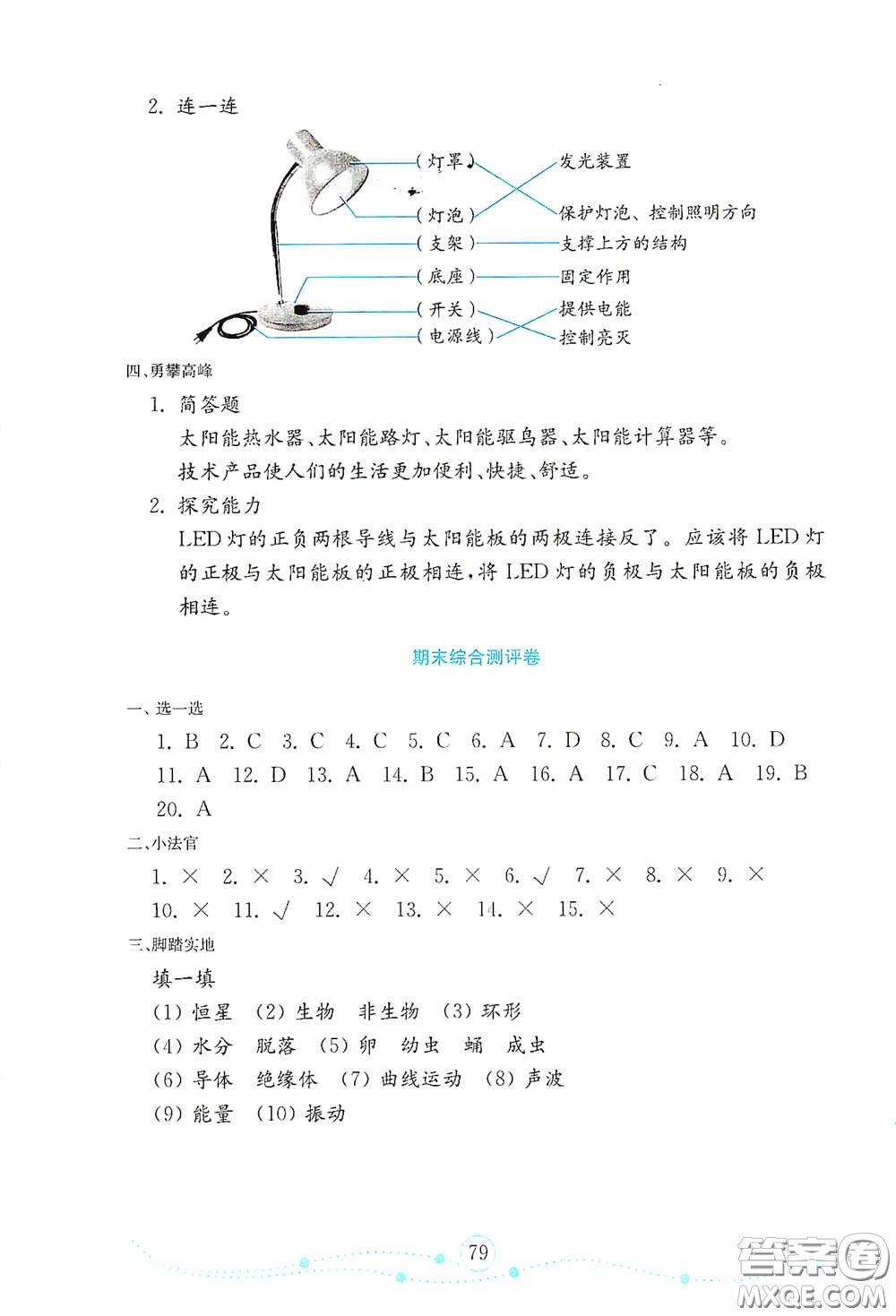 山東教育出版社2021金版小學科學試卷金鑰匙四年級下冊答案