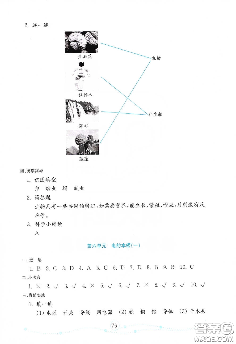 山東教育出版社2021金版小學科學試卷金鑰匙四年級下冊答案