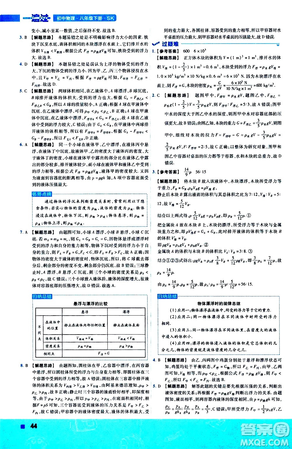 南京師范大學出版社2021版一遍過初中物理八年級下冊SK蘇科版答案