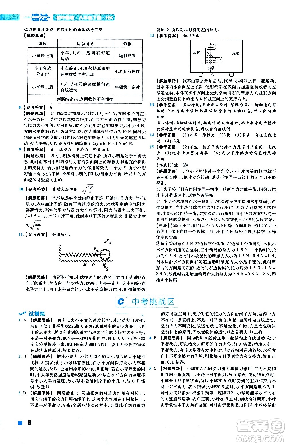 南京師范大學出版社2021版一遍過初中物理八年級下冊HK滬科版答案