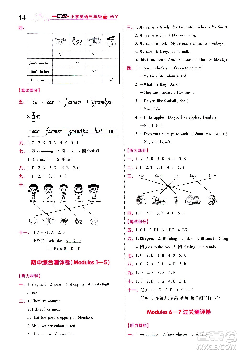 南京師范大學(xué)出版社2021春季一遍過小學(xué)英語三年級下冊WY外研版答案