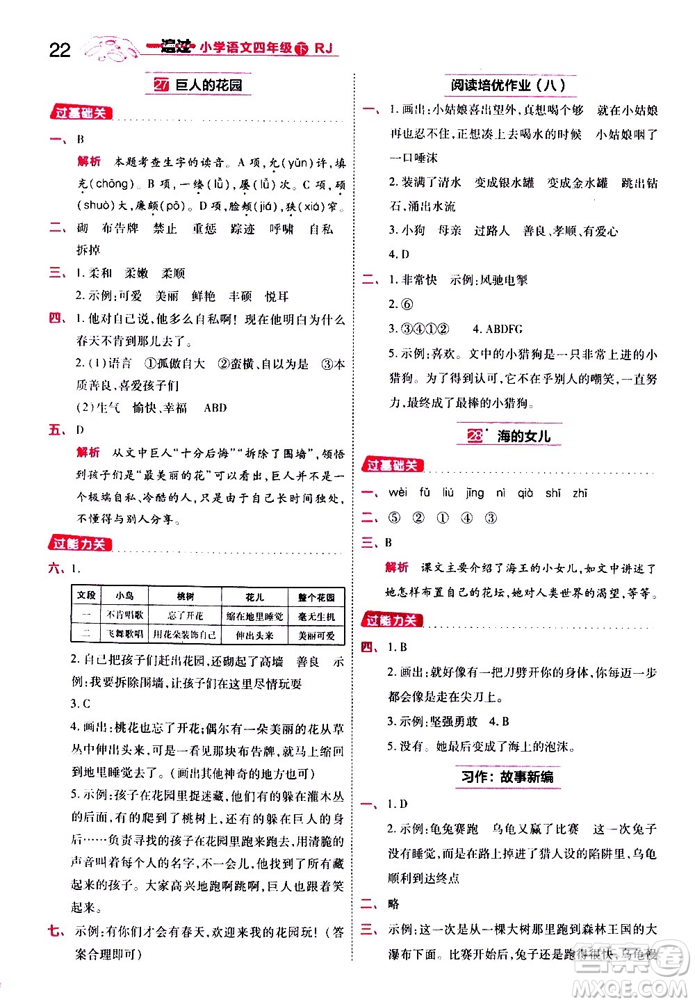 南京師范大學(xué)出版社2021春季一遍過小學(xué)語文四年級下冊RJ人教版答案