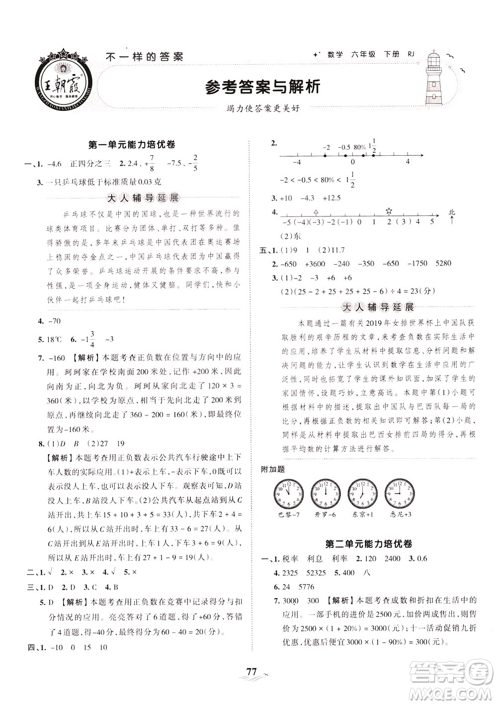 江西人民出版社2021春王朝霞培優(yōu)100分?jǐn)?shù)學(xué)六年級(jí)下冊(cè)RJ人教版答案