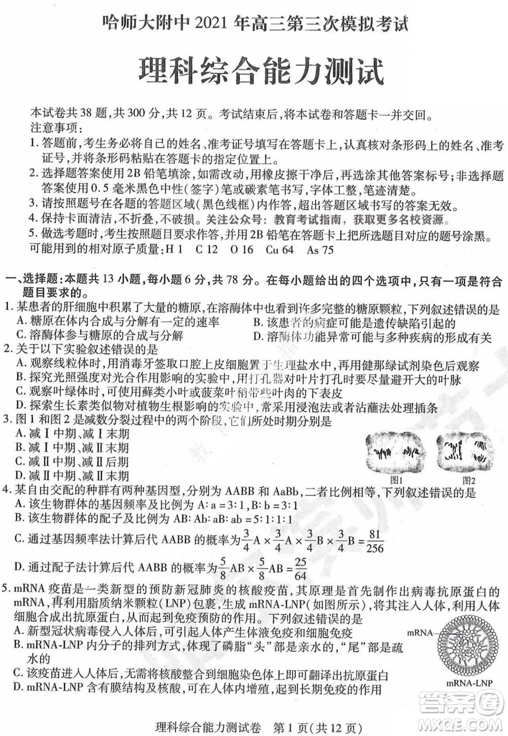 東北三省三校2021年高三第三次聯(lián)合模擬考試?yán)砜凭C合試題及答案