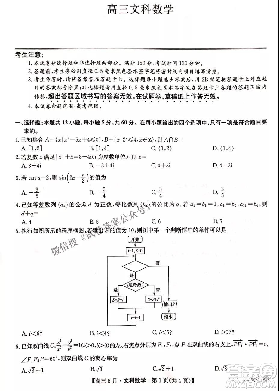 2021年九師聯(lián)盟高三5月考試文科數(shù)學試題及答案