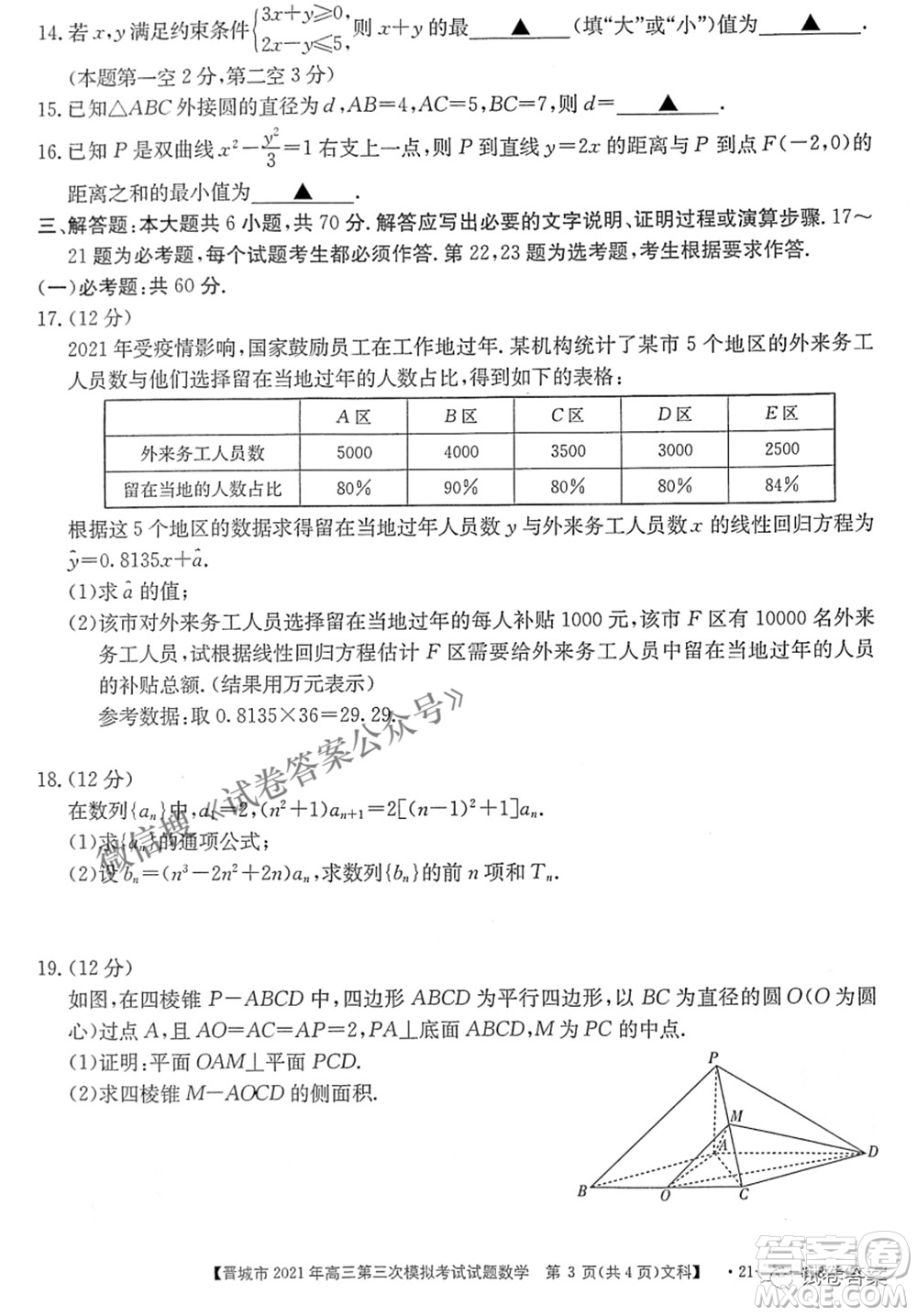 晉城市2021年高三第三次模擬考試文科數(shù)學(xué)試題及答案