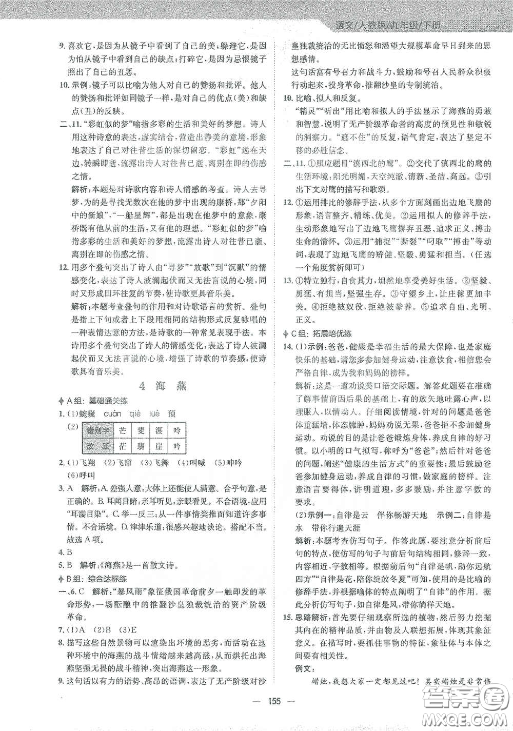 安徽教育出版社2021新編基礎訓練九年級語文下冊人教版答案